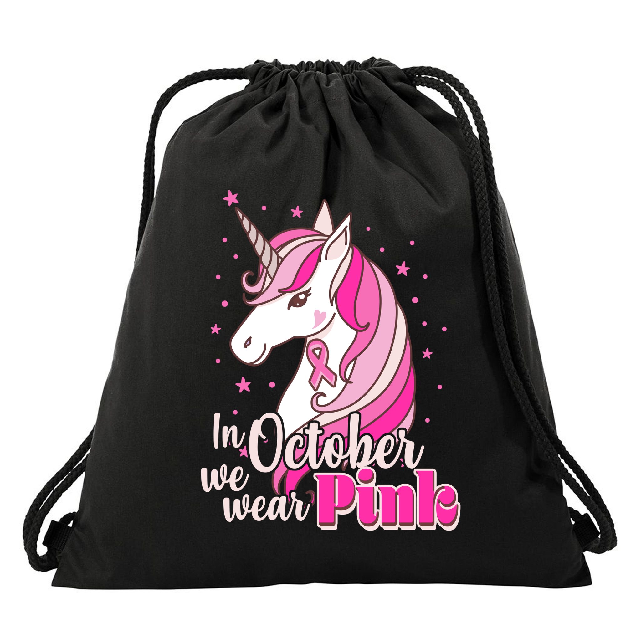 Cute Unicorn In October We Wear Pink Breast Cancer Awareness Drawstring Bag
