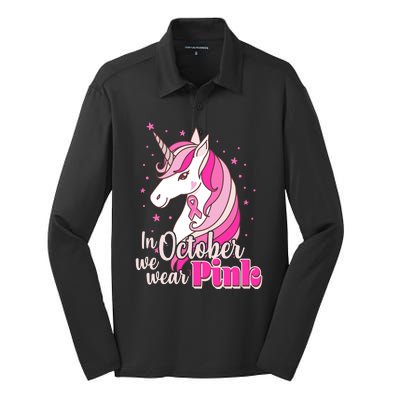 Cute Unicorn In October We Wear Pink Breast Cancer Awareness Silk Touch Performance Long Sleeve Polo