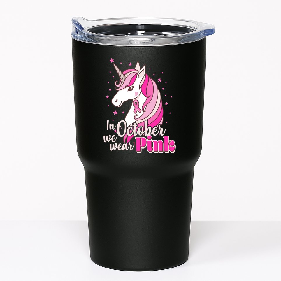 Cute Unicorn In October We Wear Pink Breast Cancer Awareness Tumbler