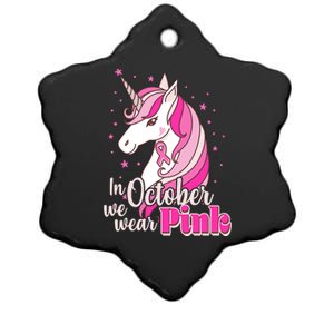 Cute Unicorn In October We Wear Pink Breast Cancer Awareness Ceramic Star Ornament