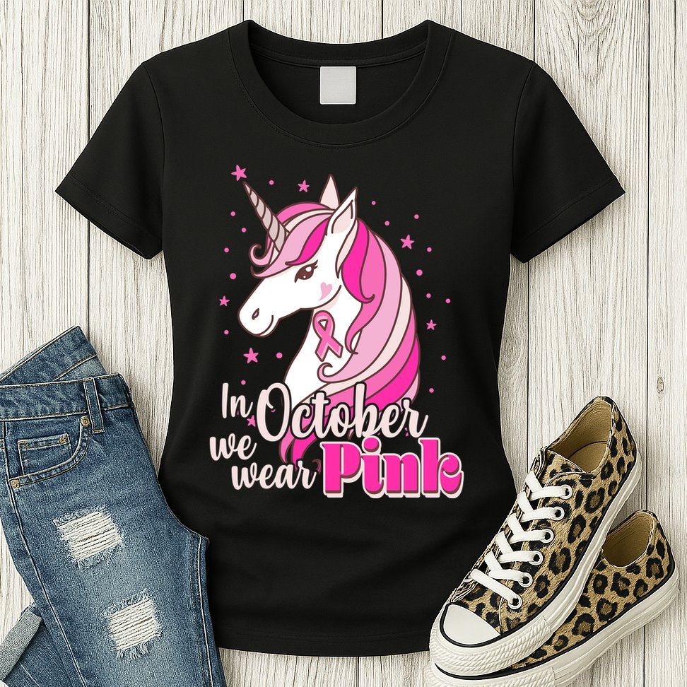 Cute Unicorn In October We Wear Pink Breast Cancer Awareness Womens T-Shirt