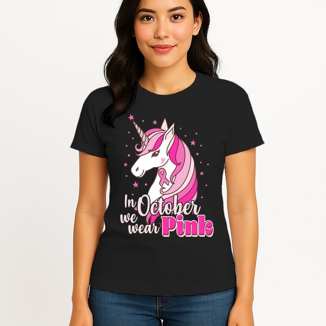 Cute Unicorn In October We Wear Pink Breast Cancer Awareness Womens T-Shirt
