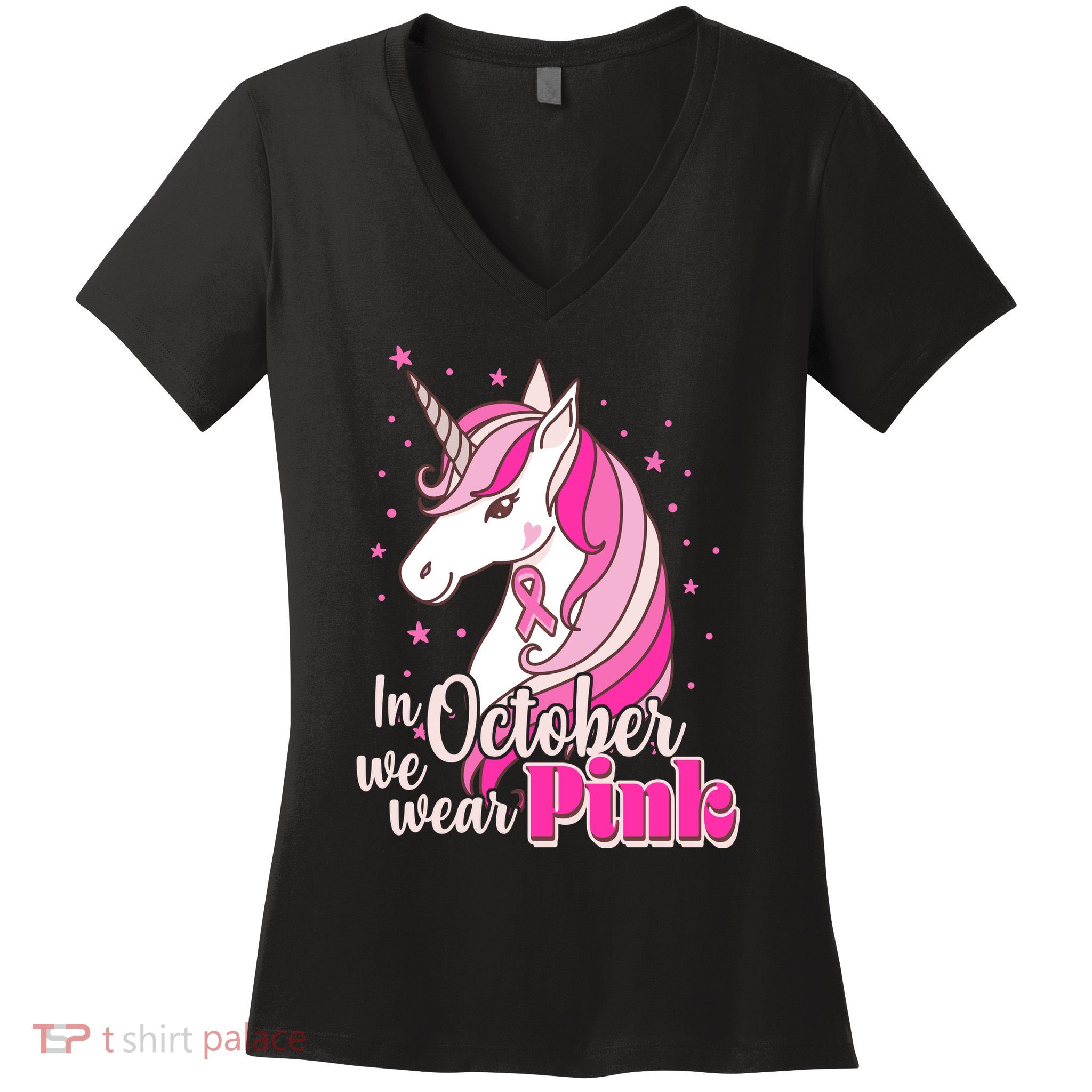 Cute Unicorn In October We Wear Pink Breast Cancer Awareness Women's V-Neck T-Shirt