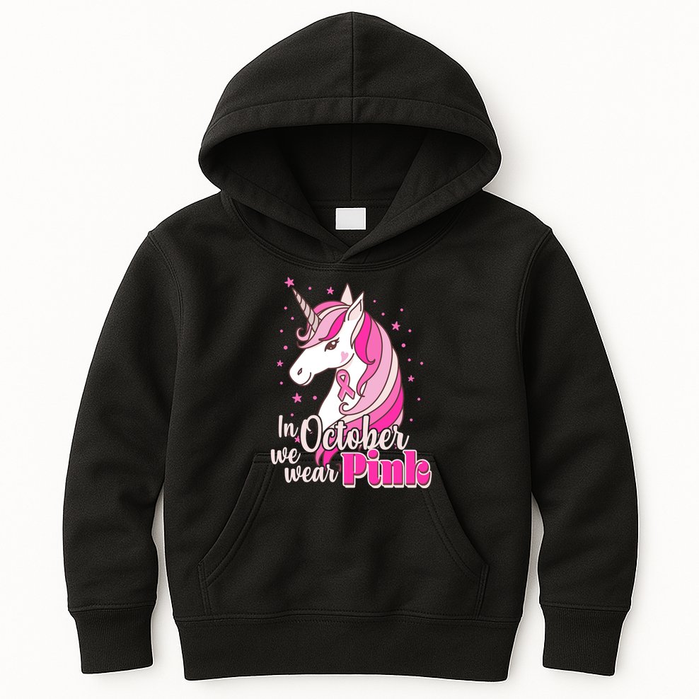 Cute Unicorn In October We Wear Pink Breast Cancer Awareness Kids Hoodie