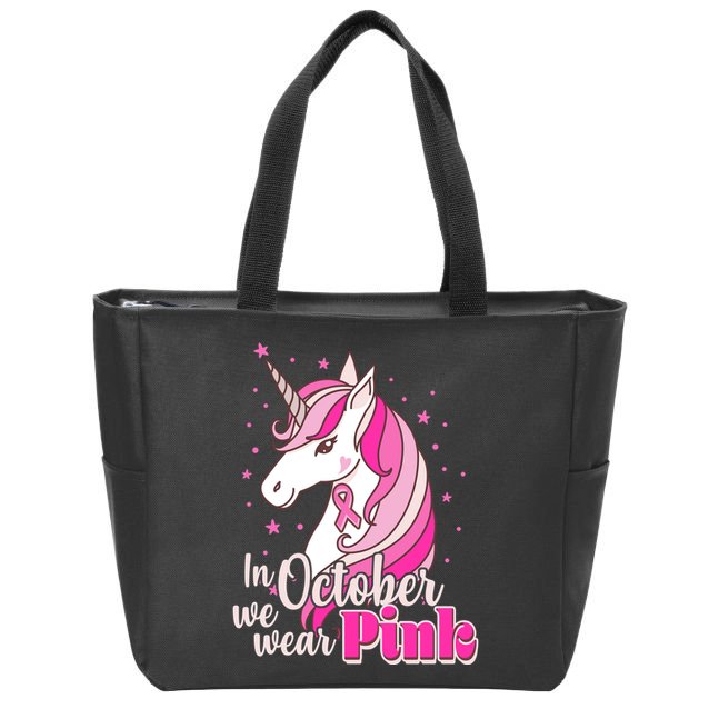 Cute Unicorn In October We Wear Pink Breast Cancer Awareness Zip Tote Bag