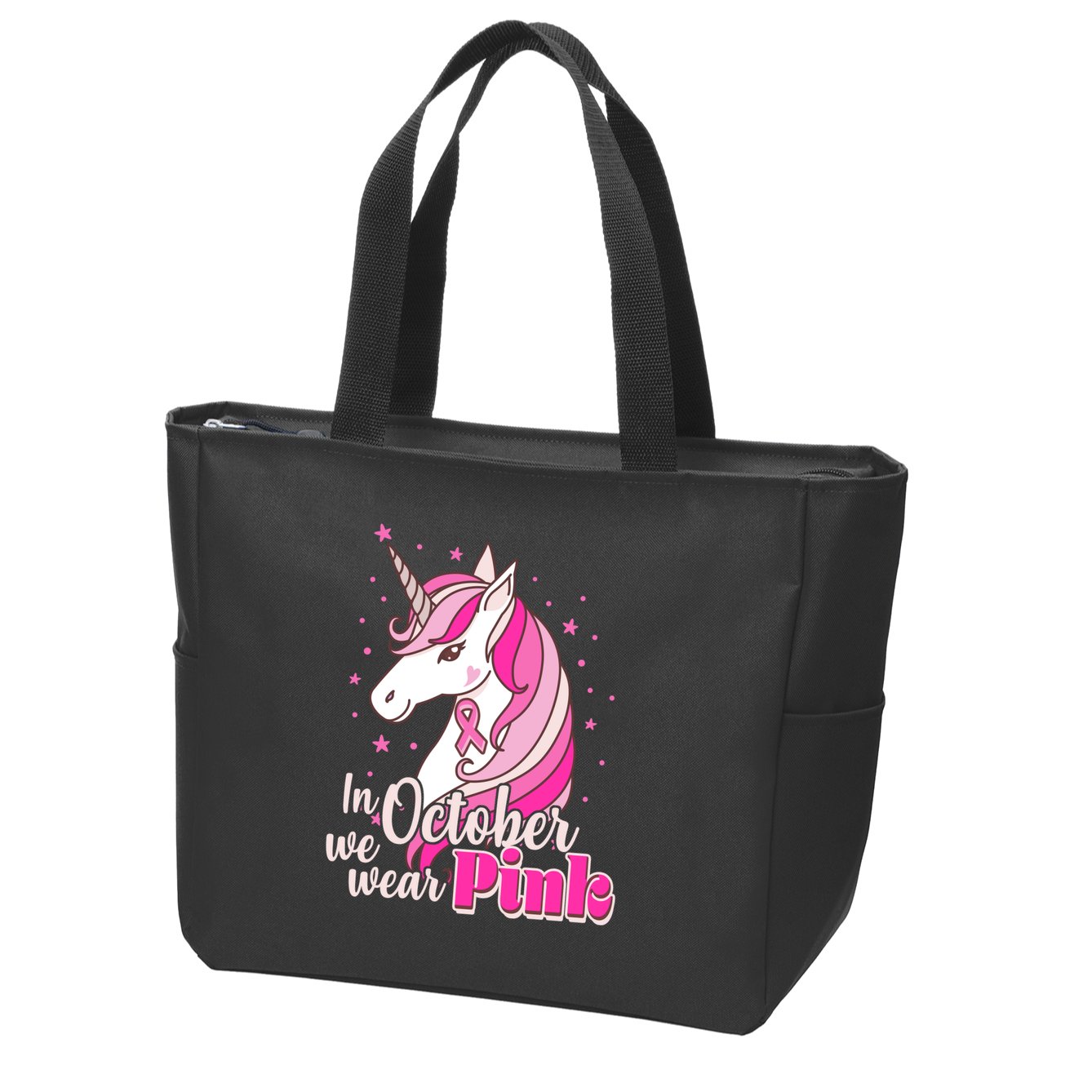 Cute Unicorn In October We Wear Pink Breast Cancer Awareness Zip Tote Bag