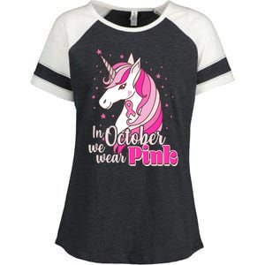 Cute Unicorn In October We Wear Pink Breast Cancer Awareness Enza Ladies Jersey Colorblock Tee