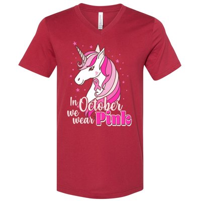 Cute Unicorn In October We Wear Pink Breast Cancer Awareness V-Neck T-Shirt