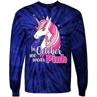 Cute Unicorn In October We Wear Pink Breast Cancer Awareness Tie-Dye Long Sleeve Shirt