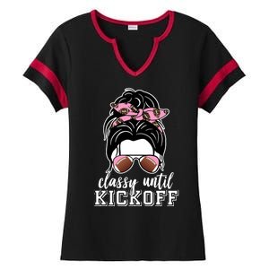 Classy Until Kickoff Football Hair Bun Ladies Halftime Notch Neck Tee