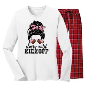 Classy Until Kickoff Football Hair Bun Women's Long Sleeve Flannel Pajama Set 