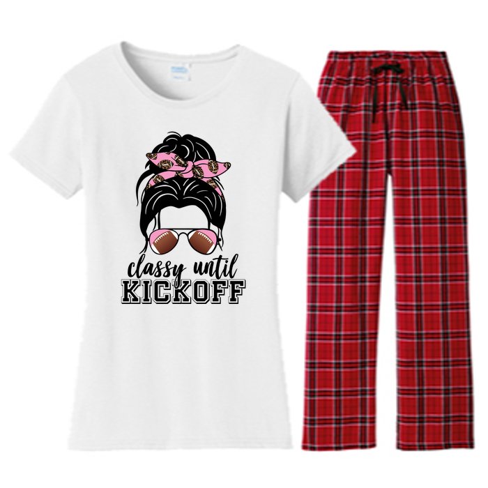 Classy Until Kickoff Football Hair Bun Women's Flannel Pajama Set