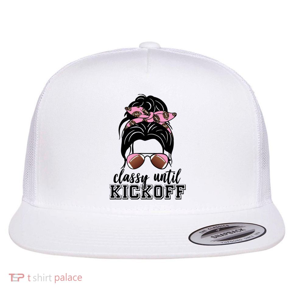Classy Until Kickoff Football Hair Bun Flat Bill Trucker Hat