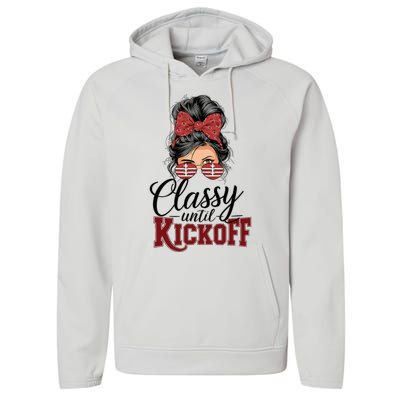 Classy Until Kickoff American Football Mom Performance Fleece Hoodie