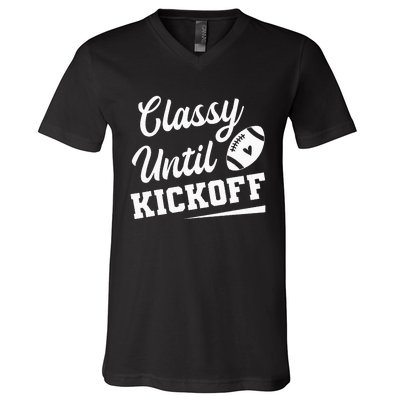 Classy Until Kickoff Funny Fantasy Football Heart V-Neck T-Shirt