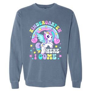 Cute Unicorn Kindergarten Here I Come Happy First Day School Garment-Dyed Sweatshirt