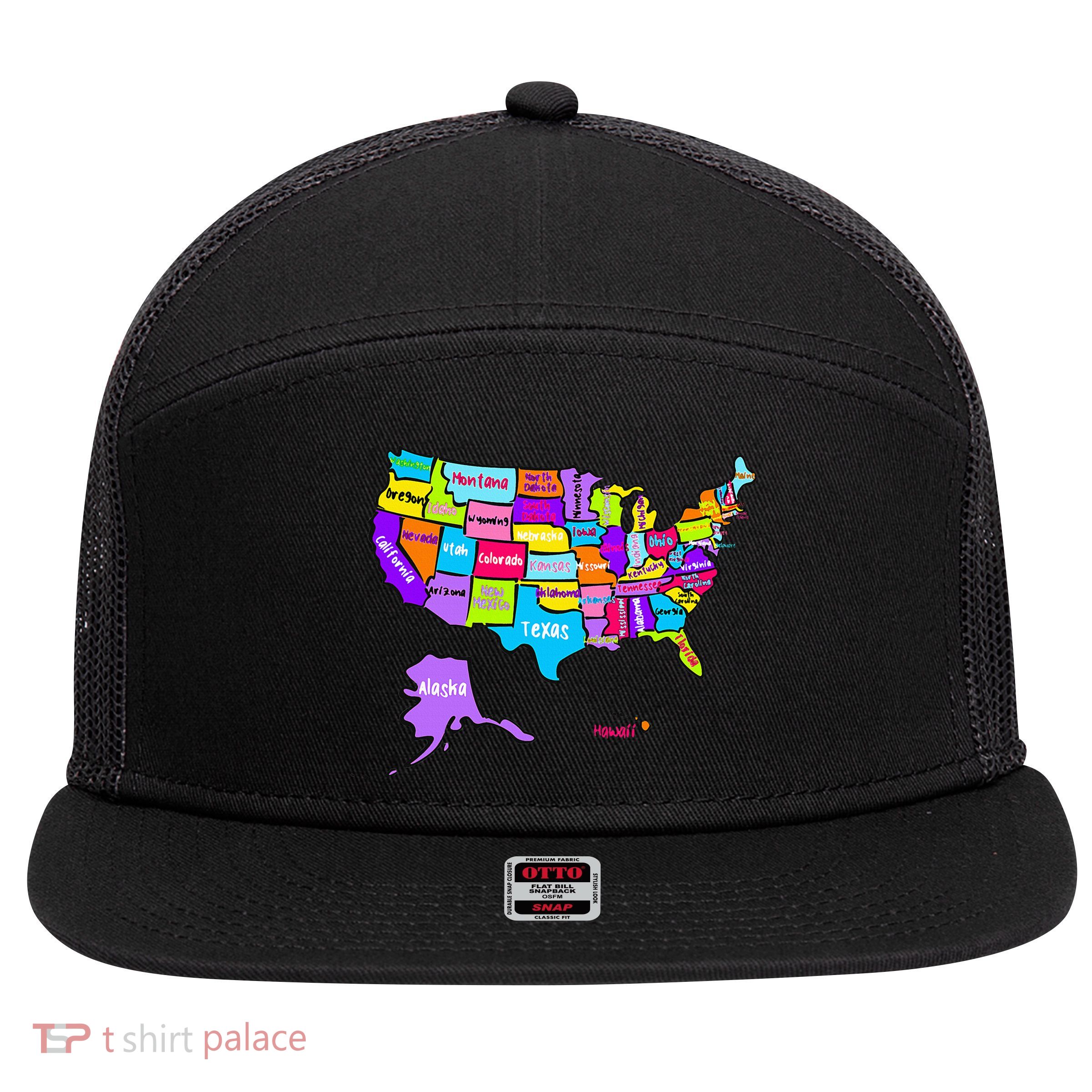 Colorful Us Map With States Names United States Usa 7 Panel Mesh Trucker Snapback Hat