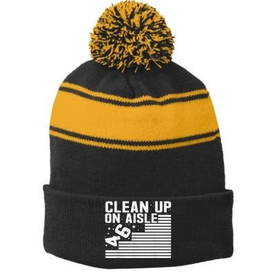 Clean Up On Aisle 46 Impeach Biden Sarcastic AntiBiden 8646 Stripe Pom Pom Beanie