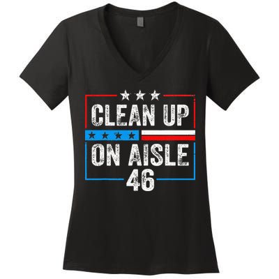 Clean Up On Aisle 46 Impeach Biden Political US America Flag  Women's V-Neck T-Shirt