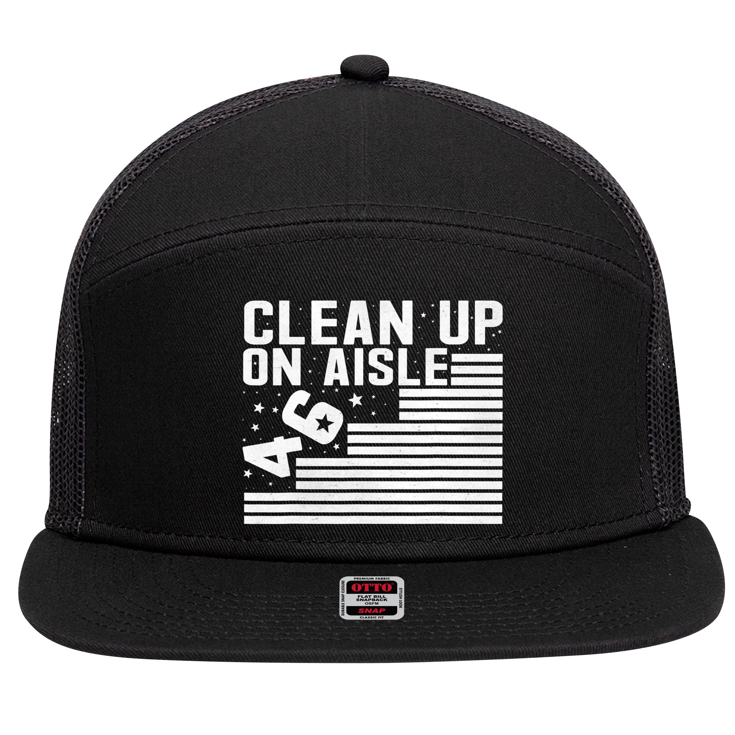 Clean Up On Aisle 46 Impeach Biden Sarcastic Anti Biden 86 46 7 Panel Mesh Trucker Snapback Hat