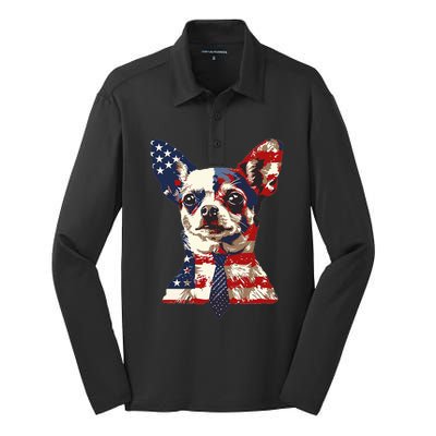 Chihuahua Usa Patriotic American Flag Silk Touch Performance Long Sleeve Polo