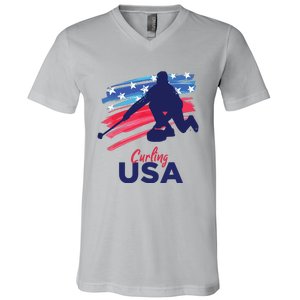 Curling USA Support The USA Flag Curl Clean V-Neck T-Shirt