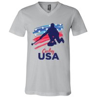 Curling USA Support The USA Flag Curl Clean V-Neck T-Shirt