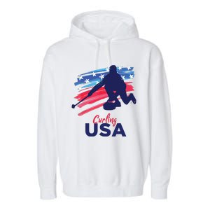 Curling USA Support The USA Flag Curl Clean Garment-Dyed Fleece Hoodie