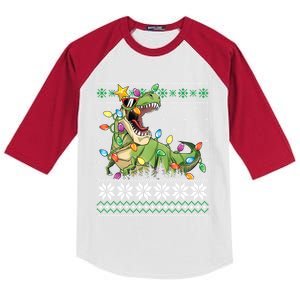 Christmas Ugly Sweater Tree Rex Funny Dinosaur Gift Kids Colorblock Raglan Jersey