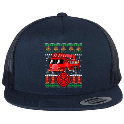 Christmas Ugly Sweater Firefighter Firetruck Christmas Gift Flat Bill Trucker Hat