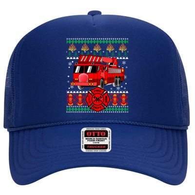 Christmas Ugly Sweater Firefighter Firetruck Christmas Gift High Crown Mesh Back Trucker Hat