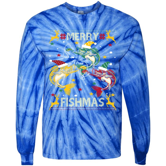 Christmas Ugly Sweater Merry Fishmas Funny Angler Gift Tie-Dye Long Sleeve Shirt