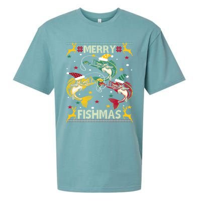 Christmas Ugly Sweater Merry Fishmas Funny Angler Gift Sueded Cloud Jersey T-Shirt