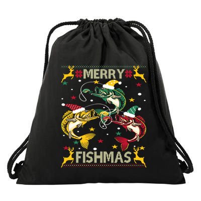Christmas Ugly Sweater Merry Fishmas Funny Angler Meaningful Gift Drawstring Bag
