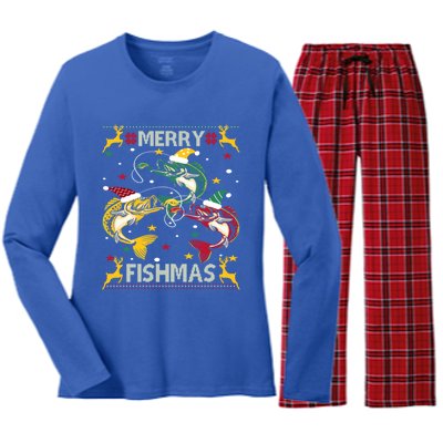 Christmas Ugly Sweater Merry Fishmas Funny Angler Meaningful Gift Women's Long Sleeve Flannel Pajama Set 