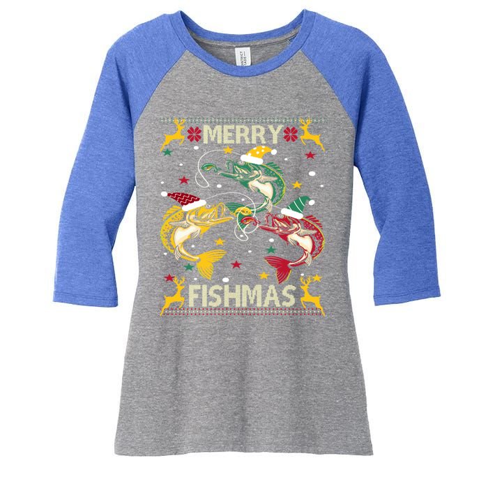 Christmas Ugly Sweater Merry Fishmas Funny Angler Meaningful Gift Women's Tri-Blend 3/4-Sleeve Raglan Shirt