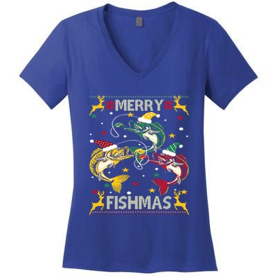 Christmas Ugly Sweater Merry Fishmas Funny Angler Meaningful Gift Women's V-Neck T-Shirt
