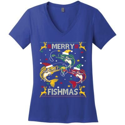 Christmas Ugly Sweater Merry Fishmas Funny Angler Meaningful Gift Women's V-Neck T-Shirt