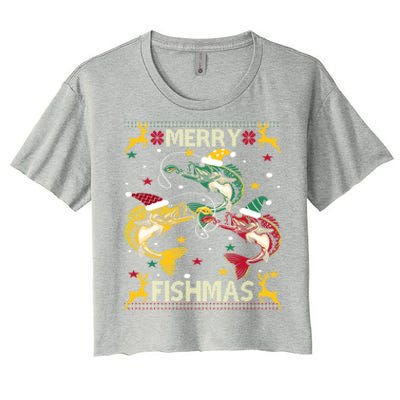 Christmas Ugly Sweater Merry Fishmas Funny Angler Meaningful Gift Women's Crop Top Tee