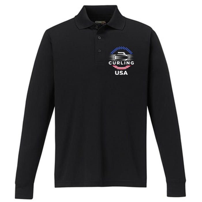 Curling Usa Support Flag Curl Clean Performance Long Sleeve Polo