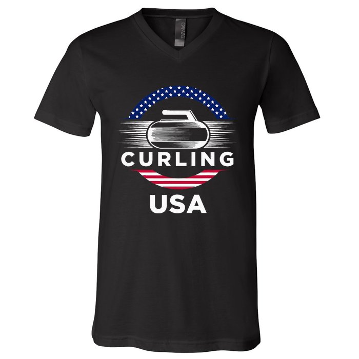 Curling Usa Support Flag Curl Clean V-Neck T-Shirt