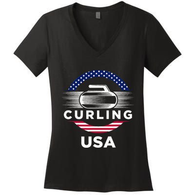 Curling Usa Support Flag Curl Clean Women's V-Neck T-Shirt