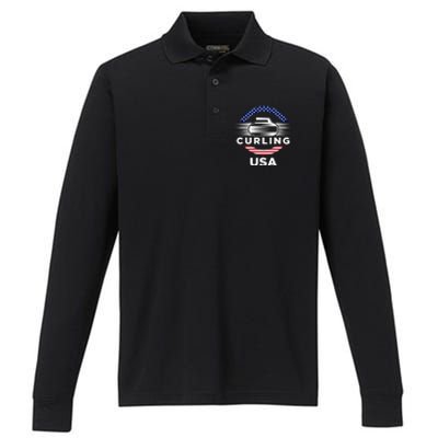 Curling Usa Support The Team Gift Usa Flag Curl Clean Cool Gift Performance Long Sleeve Polo