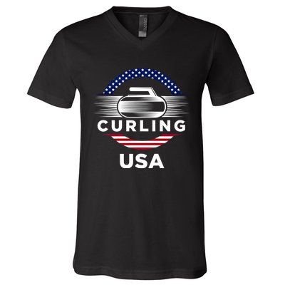 Curling Usa Support The Team Gift Usa Flag Curl Clean Cool Gift V-Neck T-Shirt