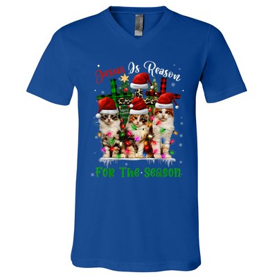 Christmas Ugly Sweater Cats Jesus Is Reason For The Season Great Gift V-Neck T-Shirt