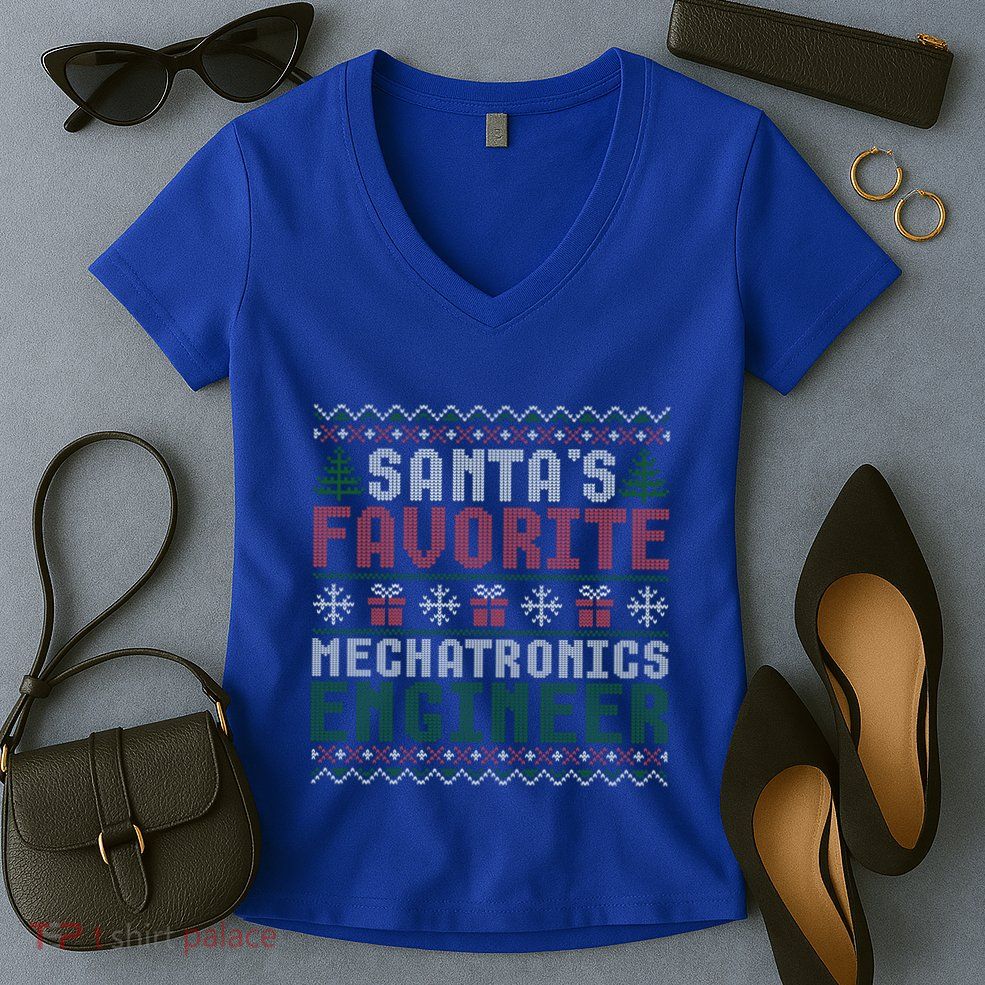Christmas Ugly Sweater Santa Claus Mechatronics Engineer Gift Women's V-Neck T-Shirt