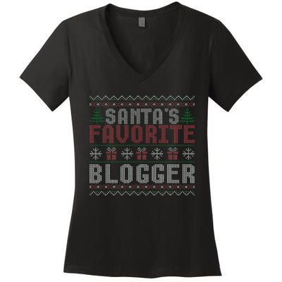 Christmas Ugly Sweater Funny Santa Claus Blogger  Women's V-Neck T-Shirt