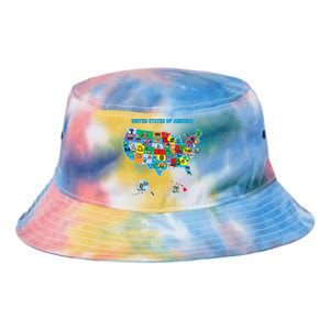 Colorful United States Of America Map Us Landmarks Icons Tie Dye Newport Bucket Hat