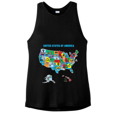 Colorful United States Of America Map Us Landmarks Icons Ladies PosiCharge Tri-Blend Wicking Tank