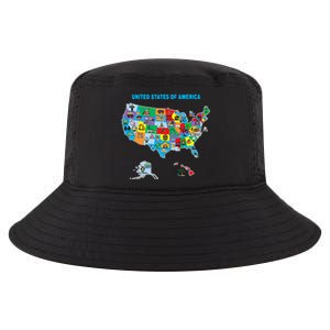 Colorful United States Of America Map Us Landmarks Icons Cool Comfort Performance Bucket Hat